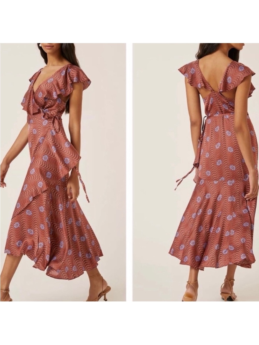 ANTHROPOLOGIE ruffle wrap midi dress brown motif